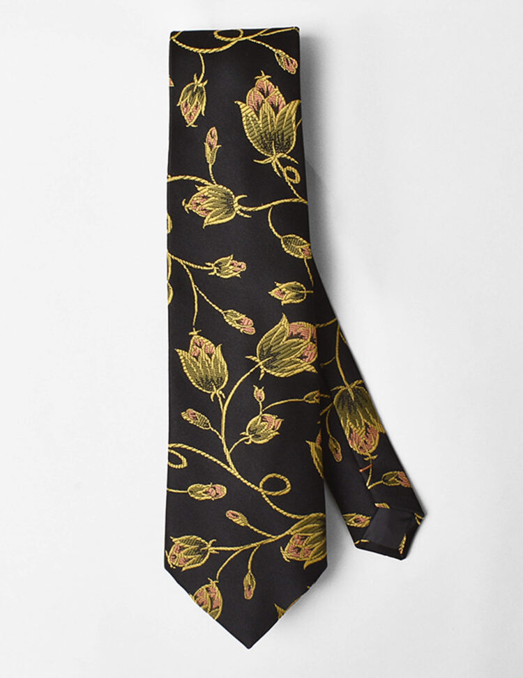 Golden Floral Silk Tie-Black