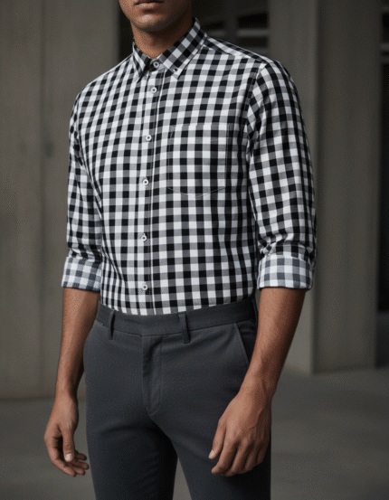 Black bold check shirt for men – non-iron 100% cotton casual button-up with chest pocket, cutaway collar, and classic fit, ideal for everyday wear in the USA.