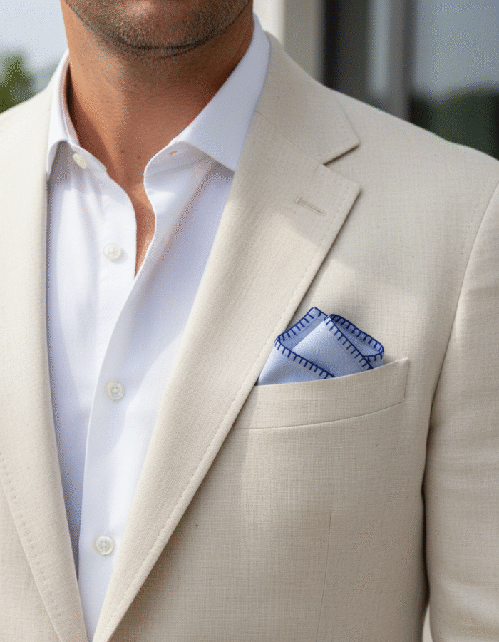 Blue pocket square with blanket stitch – handmade 100% cotton men’s accessory ideal for casual and semi-formal outfits.