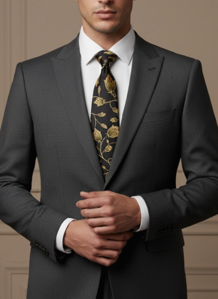 Elegant floral silk wedding tie in black – designer menswear by BuxStyle USA