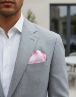 Pink pocket square with blanket stitch – handmade 100% cotton men’s accessory perfect for casual, smart casual, and formal looks.
