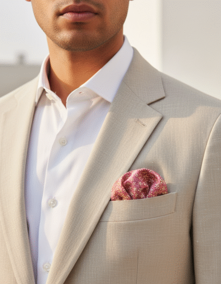 Rouge floral pocket square for men – elegant silk handkerchief perfect for suits, weddings, and formal occasions in the USA.