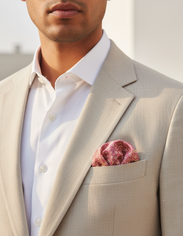 Rouge floral pocket square for men – elegant silk handkerchief perfect for suits, weddings, and formal occasions in the USA.