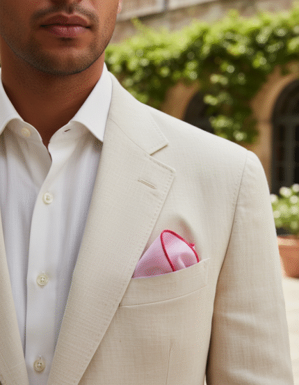 Light pink cotton pocket square with pink border – handmade 100% cotton men’s accessory perfect for weddings, summer, and formal wear.