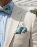 Handcrafted green floral pocket square for men – premium cotton Lycra accessory with hand-rolled edges, ideal for weddings and summer wear.