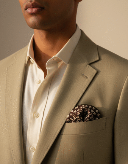 Mud oak floral pocket square for men – handmade 100% cotton handkerchief featuring brown and bisque accents, perfect for office or casual wear in the USA.