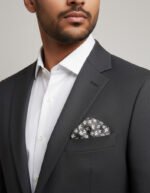 Pebble floral pocket square for men – handmade 100% cotton accessory with grey and white floral pattern, ideal for formal or casual outfits in the USA.