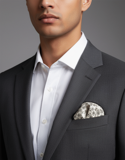 Salome white pocket square for men – handmade 100% cotton handkerchief with elegant leaf print, ideal for formal or casual outfits in the USA.