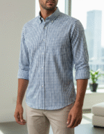 Skyline Essence blue check shirt for men – non-iron 100% cotton casual button-down with classic fit, ideal for everyday wear in the USA.