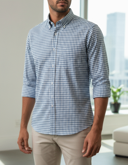 Skyline Essence blue check shirt for men – non-iron 100% cotton casual button-down with classic fit, ideal for everyday wear in the USA.