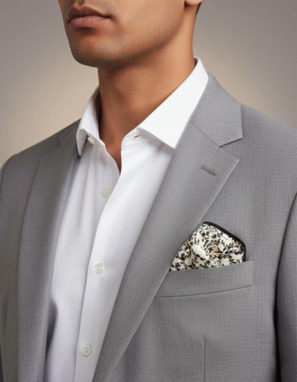 White floral pocket square for men – handmade 100% cotton handkerchief with black and white accents, ideal for office and semi-formal wear in the USA.