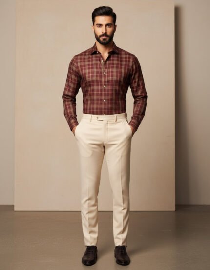 Stylish burgundy check shirt, 100% cotton.