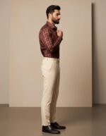 Burgundy plaid shirt for men, premium cotton.