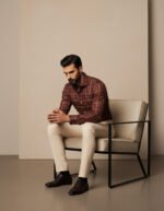 Men’s burgundy check shirt, modern casual style.