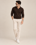 Male model wearing BuxStyle Men’s Textured Knit Polo in espresso brown
