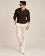 Male model wearing BuxStyle Men’s Textured Knit Polo in espresso brown