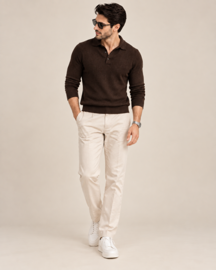 Male model wearing BuxStyle Men’s Textured Knit Polo in espresso brown