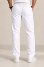 Men's White Linen Utility Trousers back view with utility pockets