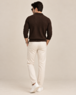 Front view of men’s espresso brown textured knit polo with long sleeves