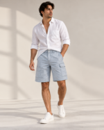 Men’s Blue Striped Cargo Shorts front view with utility pockets BuxStyle