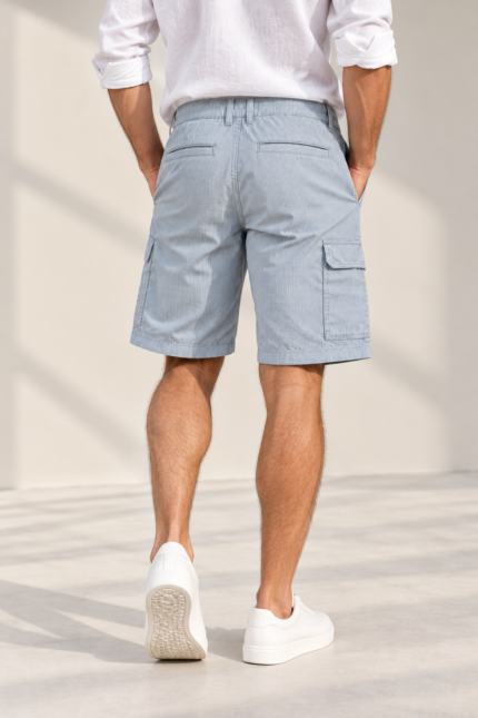Men’s Blue Striped Cargo Shorts back view with welt pockets