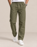 Male model wearing Olive Linen Utility Trousers