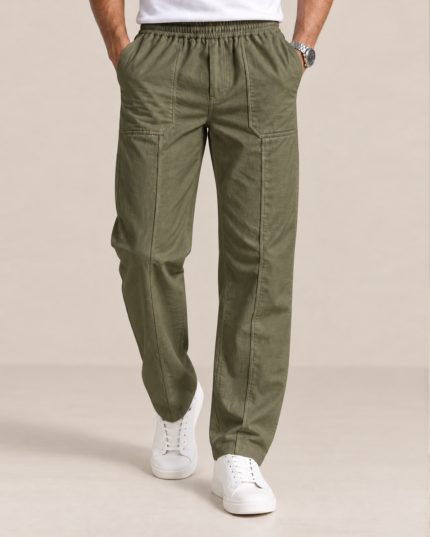 Male model wearing Olive Linen Utility Trousers