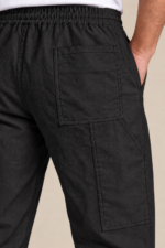 Black Linen Utility Trousers back utility pocket and stitching detail