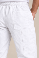 White Linen Utility Trousers back utility pocket and stitching detail
