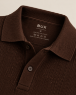 Back view of men’s espresso brown knit polo showing the textured knitted finish