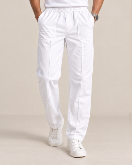 Men's White Linen Utility Trousers front view