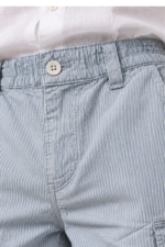 Close-up of men’s blue striped cargo shorts showing elasticated waistband, belt loops, front button and zip fastening.