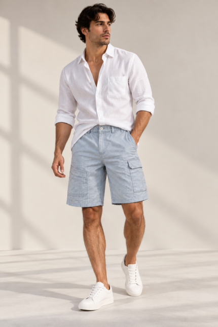 Men’s Blue Striped Cargo Shorts front view with utility pockets