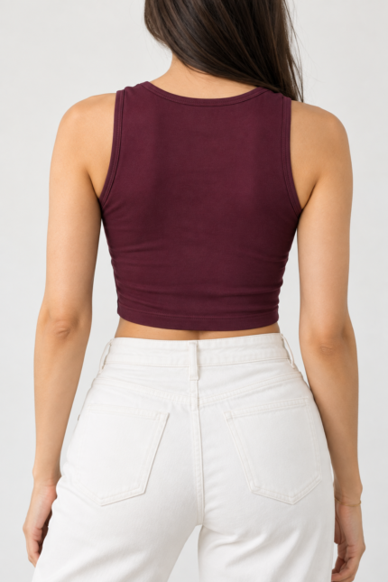 Burgundy crop tank top for women by BuxStyle, back view