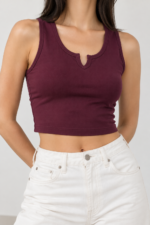 Burgundy fitted crop tank top for women by BuxStyle, close up view