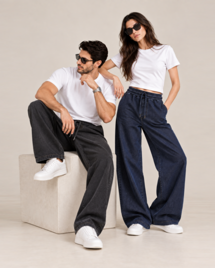 BuxStyle unisex wide leg denim pants in charcoal and navy blue for men and women