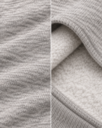 Close-up of light heather grey sweatshirt showing the mélange outer fabric and soft brushed interior