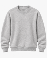 Close-up of light grey sweatshirt showing the ribbed crew neckline and heather fabric