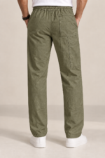 Men's Olive Linen Utility Trousers back view with utility pockets
