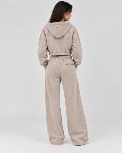 Front view of women’s stone acid wash cropped zip hoodie and relaxed baggy sweatpants set